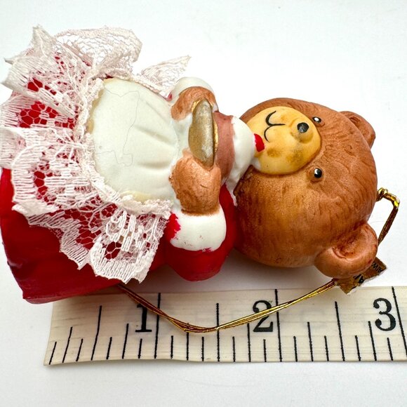 Jasco Vintage Christmas Bear Ornament Porcelain Bell 2.5" Taiwan Lace Apron Bow - Picture 5 of 6